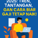 "Seorang pria muda yang bekerja dari jarak jauh menggunakan laptop di kursi oranye, dengan latar belakang biru cerah, menggambarkan tren dan tantangan kerja remote di tahun 2025."