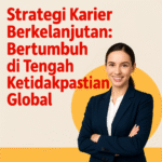 Seorang profesional tersenyum percaya diri dengan latar belakang tulisan 'Strategi Karier Berkelanjutan: Bertumbuh di Tengah Ketidakpastian Global'.