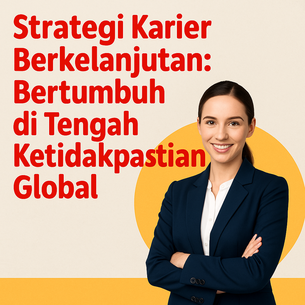 Seorang profesional tersenyum percaya diri dengan latar belakang tulisan 'Strategi Karier Berkelanjutan: Bertumbuh di Tengah Ketidakpastian Global'.